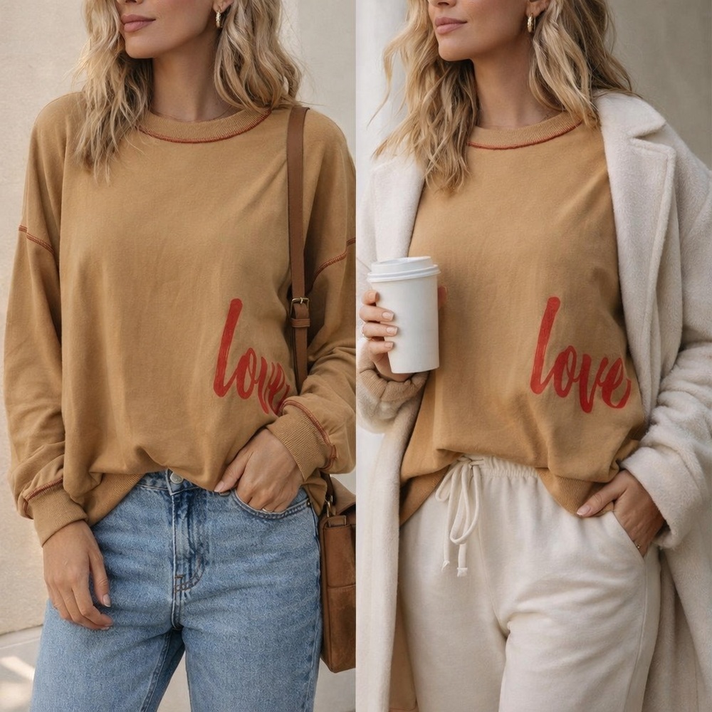 Fantastic Fawn Camel Sweatshirt with Red Love Detail NWOT